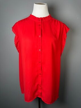 Sleeveless Ruffle-Trim Button Front Top - Red